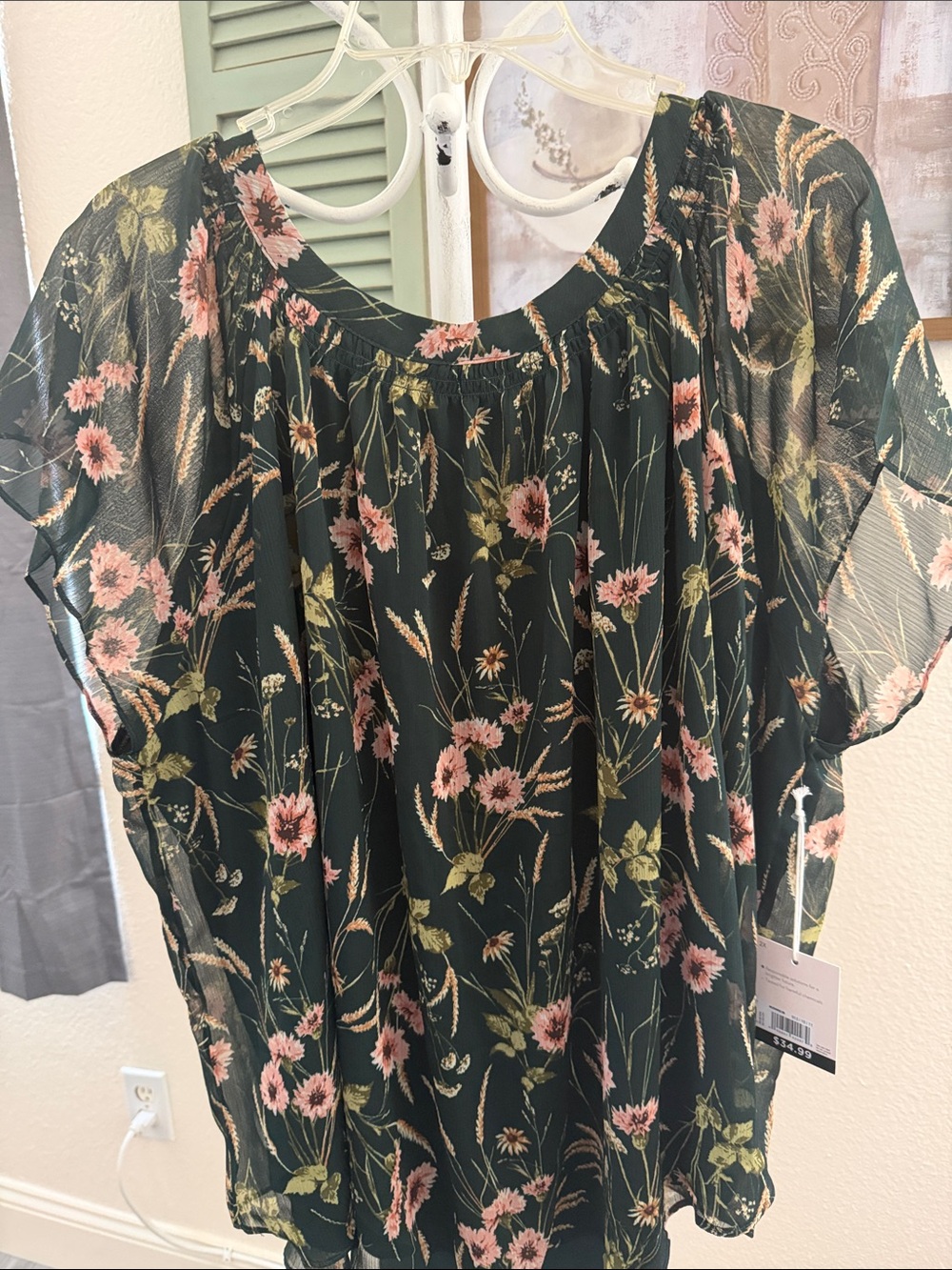 LC Lauren Conrad Black Sheer Floral Flutter Sleeve Blouse